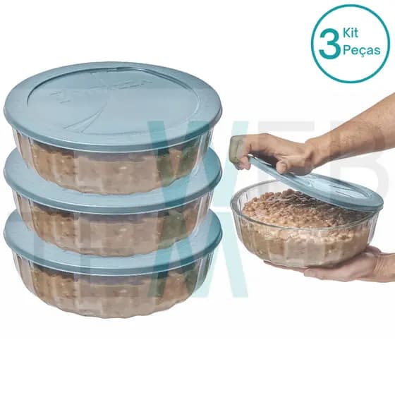 Kit 3 Potes Tigela Saladeira de Vidro com Tampa Plástica Oceani 1,5 litro Vitazza: Para Servir