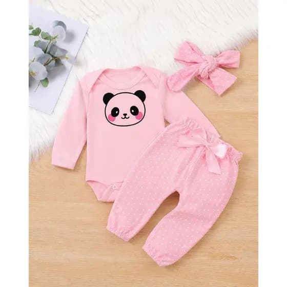 Conjuntinho conjunto bebe menina com faixa cabelo panda calça frufru algodão PMG inverno frio roupa