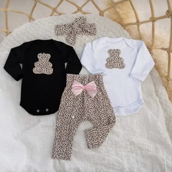 Conjunto Bebê Menina Algodâo Body Manga Longa Mijão Onça Faixa Kit 4 peças Baby
