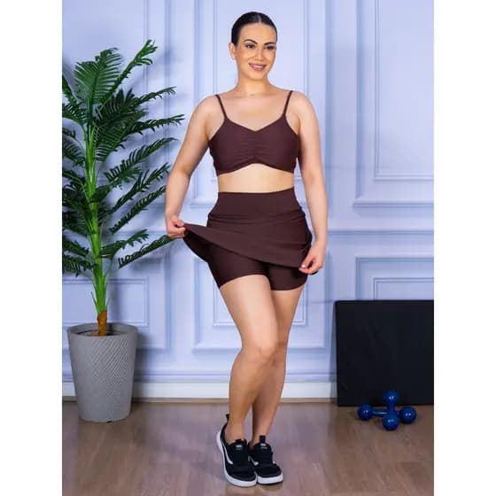 Conjunto Fitness Feminino Shorts Saia + Top Alça Costa Aberta