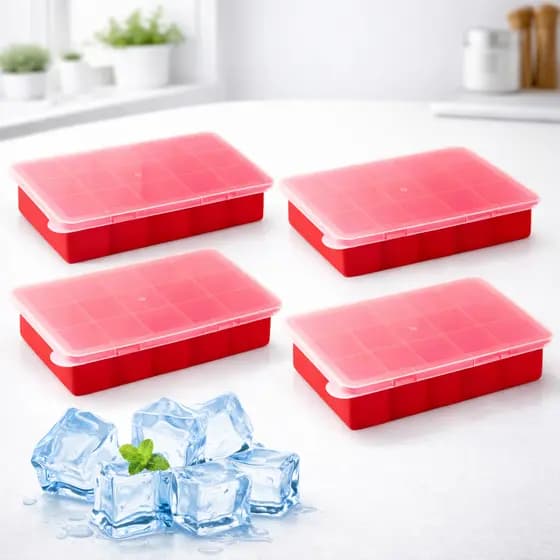 Kit 4 Formas De Gelo De Silicone 15 Cubos Livre BPA Com Tampa Para Papinha Bebê
