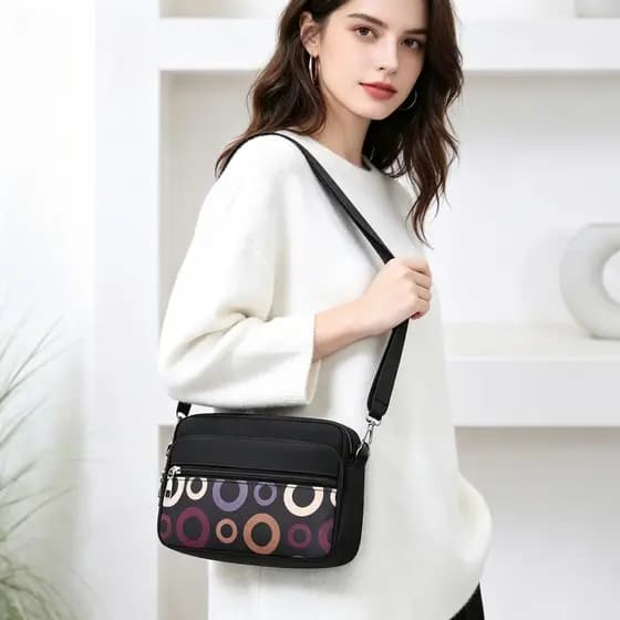 JAMI JAMI Bolsa Transversal em Tecido Oxford com Zíper de Várias Camadas Design Formato Pequeno e Quadrado X190