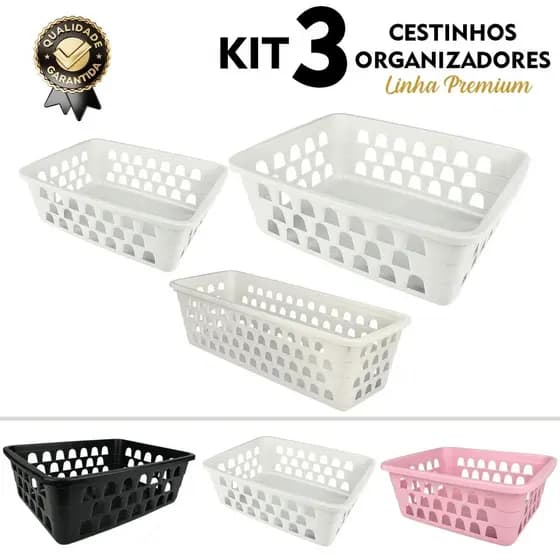 Kit Cesto Cestinho Organizador 3 Peças P/M/G Multiuso Resistente Ideal Para Todos os Ambientes