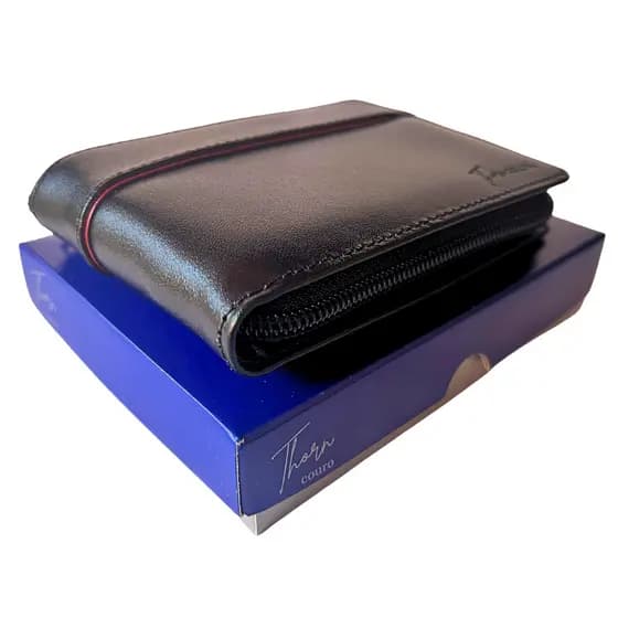 Carteira couro ziper masculina moderna rustica linda estilo