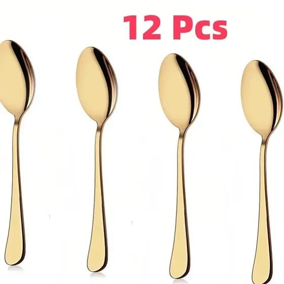 12 PeçAs LouçA De AçO InoxidáVel Colher De Sobremesa Dourada / Luxuoso