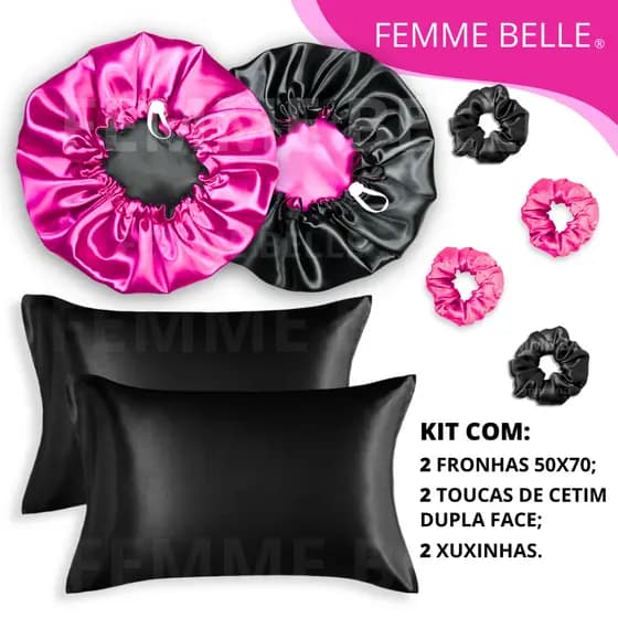 Kit Cetim Antifrizz 2 toucas dupla face regulável + 2 fronhas + 2 xuxinhas scrunchies
