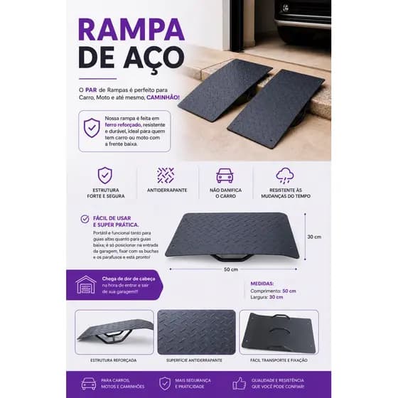 Rampas para Carro e Moto sarjeta meio-fio guia baixa guia alta - rampa automotiva de ferro super resistente 30x50.