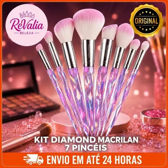 Kit Diamond Macrilan 7 Pincéis de Maquiagem Profissional Cristal Luxo Macio Completo