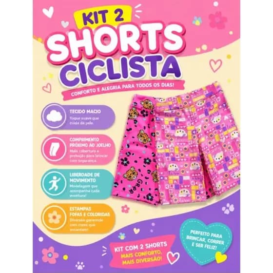 Kit 02 shorts ciclista infantil confortável