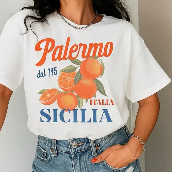 Camiseta Feminina Palermo Sicília Estampa Vintage Frutas Retrô Estilosa