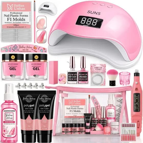 Kit de Alongamento de Unhas em Gel Polygel e Fibra 3 em 1 Completo Profissional & Iniciante Cabine Sun Lixadeira