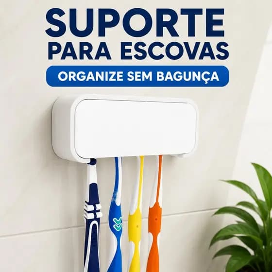 Porta Escovas de Dente Parede | Fixação Sem Furo | Suporte Para 4 Escovas Com Fita Dupla Face