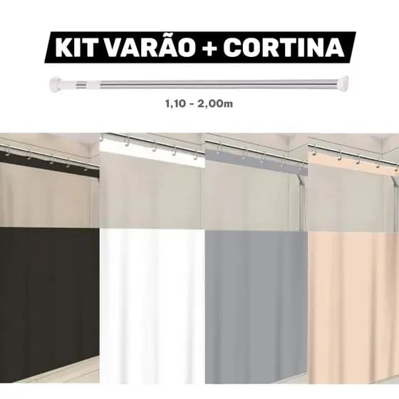 Kit Varão para Cortina de Banheiro Box Pvc com Visor Suporte 2m Bastão 1,10m até 2,00m Tubo