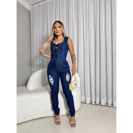 MACACÃO FEMININO JEANS LYCRA SKINNY COM ZIPER FRENTE