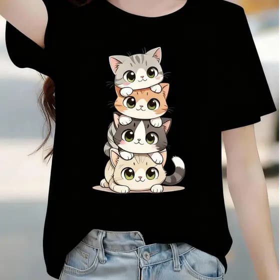 Camiseta Feminina Estampada Gatinho Algodão Premium Casual Moda Verão Dia a Dia