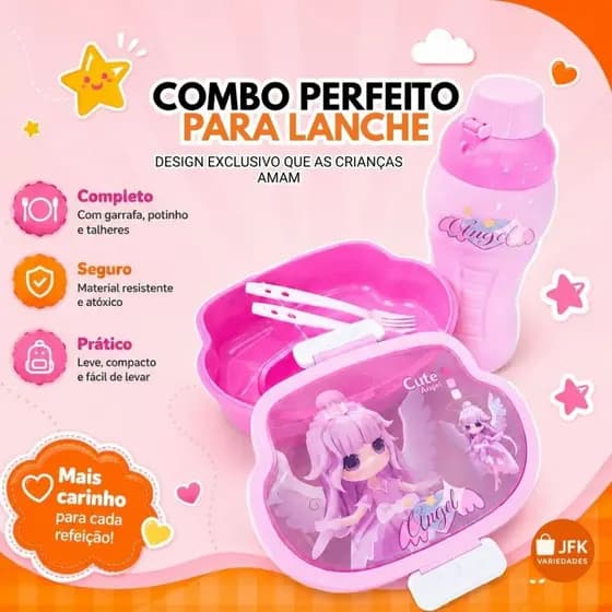 Kit Lancheira Infantil com Garrafa e Pote com divisória Escolar para Merenda-Passeio Crianças Menino Menina 03 Estampas