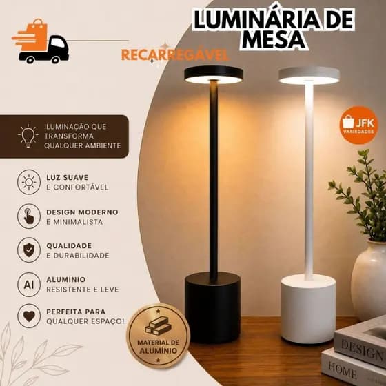 Luminária Mesa LED Touch Material Alumínio Sem Fio Cabeceira Leitura Quarto Escritório Recarregável Luxo
