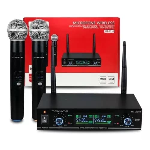 Microfone Sem Fio Duplo Profissional Tomate MT-2210 UHF Alcance 60m Igreja Palestra Karaokê