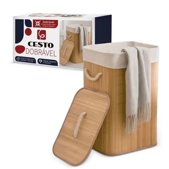 Cesto De Roupa Suja Bambu Dobravel Organizador Forrado Banheiro 60cm Grande Cesto Retangular