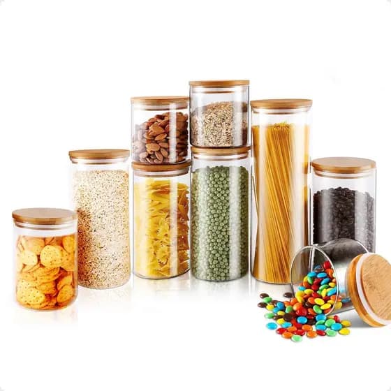 Kit 9 Potes de vidro mantimentos alimentos cozinha herméticos tampa bambu Epsilon