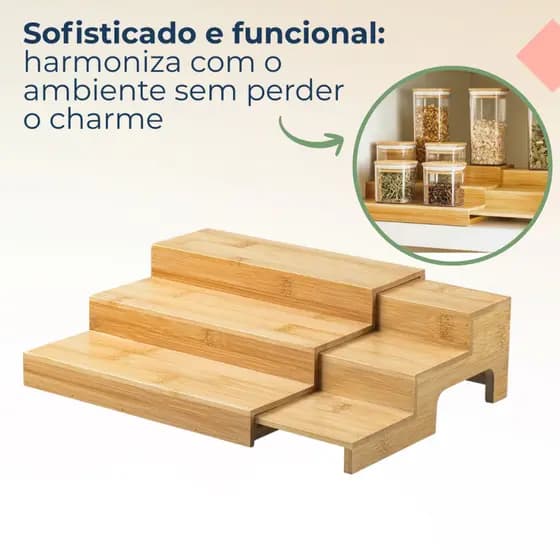 Rack Organizador Extensível De Bambu Escadinha 3 Níveis Suporte Porta Temperos Condimentos Ou