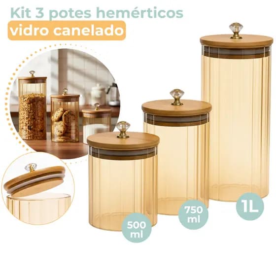 Kit 3 Potes de Vidro Canelado Âmbar Hermético Mantimentos com Tampa Bambu 1000ml 750ml e 500ml