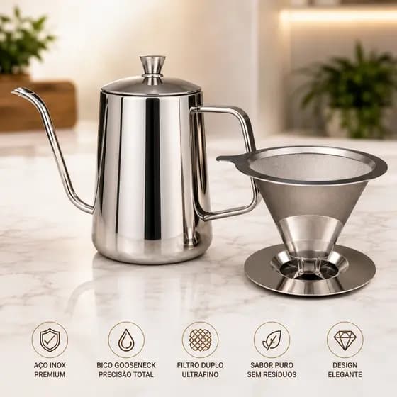 Bule Bico de Ganso Inox com Coador Prata Chaleira para Café Filtrado Barista Premium
