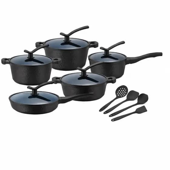 Conjunto de Panelas 15 Peças Preto Cerâmica Antiaderente Indução Gás Tampa de Vidro Temperado