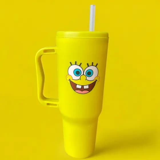 Copo com Canudo Bob Esponja 1200ml + Brinde Personalizado Em Policarbonato