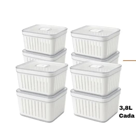 Kit 8 Organizador de Geladeira 3.8 Litros Cesto Com Tampa Multiuso Alimentos Verduras e Vegetais