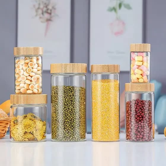 Mini Pote De Vidro Redondo Tampa Bambu Hermético Condimento 90ml/100ml/120ml/200ml/250ml/300ml
