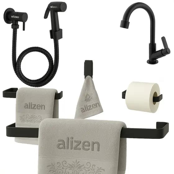 Kit De Banheiro Preto Com Ducha Higiênica Porta Toalhas Torneira Preto