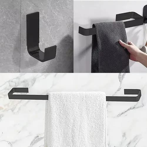 Kit Acessórios Banheiro - Suporte Porta Toalha Banho, Rosto e Gancho - Preto 100% Metal