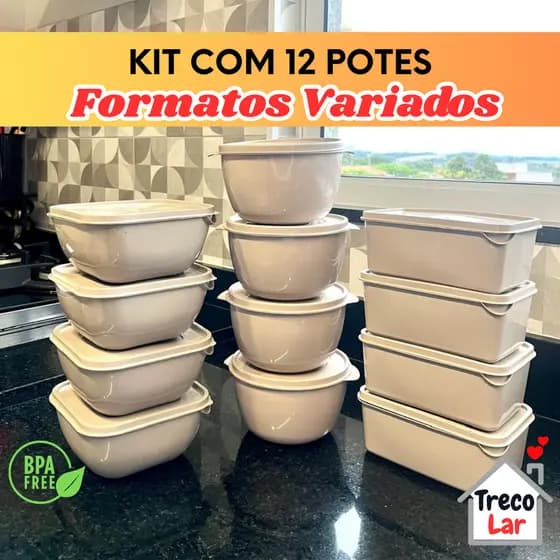 Potes Plásticos, Vasilha, Marmita - Formatos Variados Bege | 1 Litro | Tapoer Kit com 12 Unidades