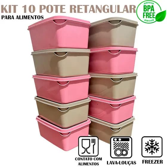 Kit 10 Potes Plásticos Retangulares 1 litro – Ideal para Congelamento, Organização e Armazenamento