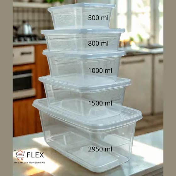 Kit 5 Potes Plástico Transparente Retangular para Marmita - 5 Tamanhos - Organização e Armazenamento