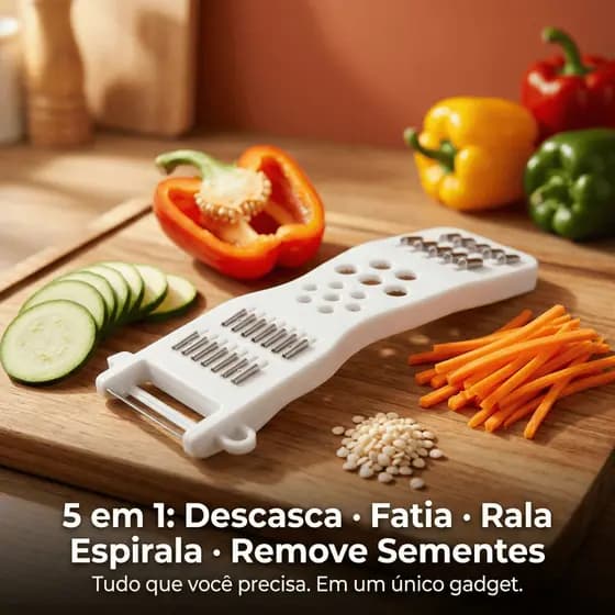 Descascador Fatiador 5 em 1 - Descasca Fatia Rala Espirala Remove Sementes de Legumes Frutas
