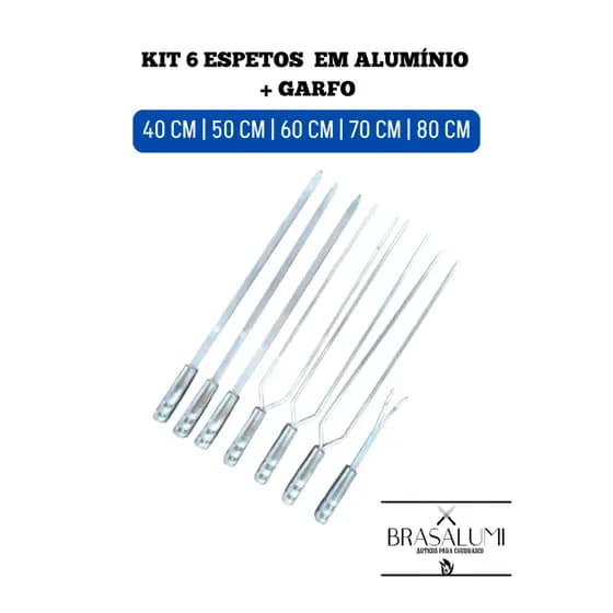 Kit 6 Espetos de aluminio 70 cm Lamina ( 3 Duplo 3 Chato) + Garfo para churrasco