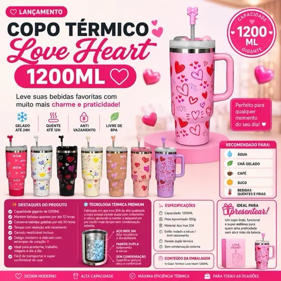 💖 Garrafa e Copo Térmico Corações Love Heart 1200ML – Estilo, Qualidade e Temperatura Perfeita o Dia Todo! 💖