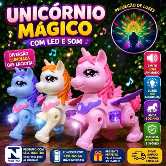 🦄✨ Cavalinho Unicórnio Mágico com LED e Som – Diversão Encantadora para Crianças! ✨🦄