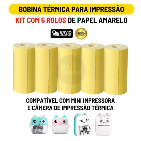 Kit 5 Bobina Térmica 57mm Não Adesivo Rolo Amarelo Para Mini Impressora Térmica Portátil