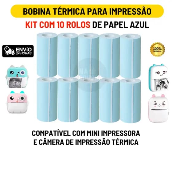 Kit 10 Bobina Térmica 57mm Não Adesivo Rolo Azul Para Mini Impressora Térmica Portátil