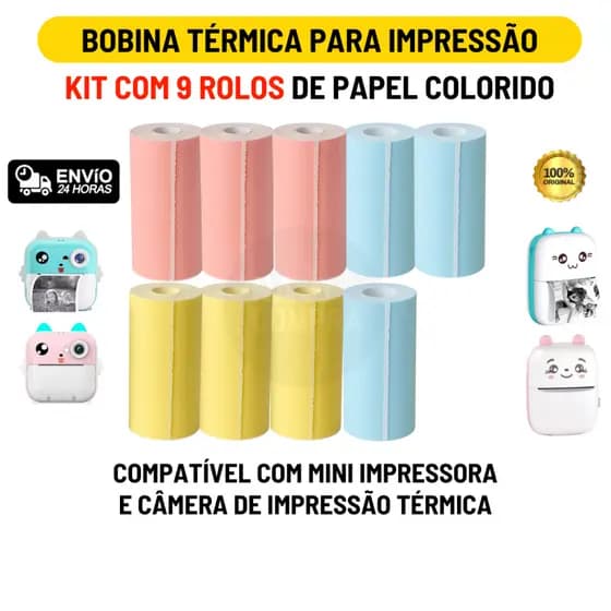 Kit 9 Bobina Rolo Papel Térmico 57mm Colorido Mini Impressora Portátil | Envio Imediato
