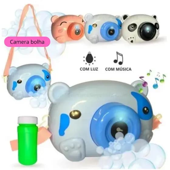 Brinquedo Lança Bolhas De Sabão Câmera Fotográfica Bubble Câmera com Alça Luz e musica Carinha de Bichinho