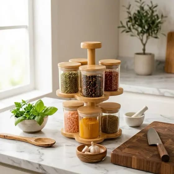 Porta Tempero Giratório Bambu Vidro 8 Potes Herméticos Organizador Cozinha Kit