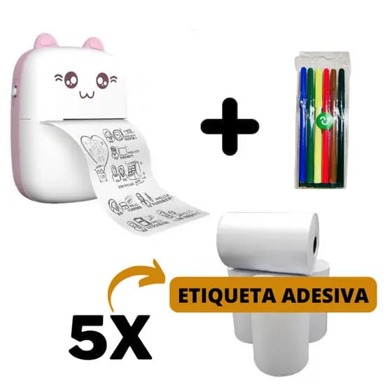 Mini Impressora Térmica Portátil Gatinho + 5 Rolos Adesivos