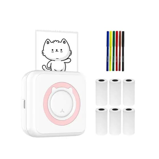 Mini Impressora Térmica Portátil Papel e Etiqueta + 6 Rolos Papel + 1 Kit Canetinha
