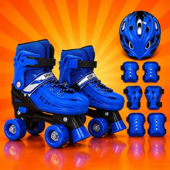 Patins Quad 4 Rodas Tamanho Regulável 29 até 40 Rosa, Azul e Preto + Bolsa + KIT DE PROTEÇÃO COMPLETO