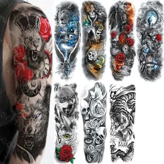 Tatuagem Temporária | Unisex | Realismo | Samurai | Lua | Morte | Caveiras | Lobo | Coruja | Rosa | Flor | Pombo
