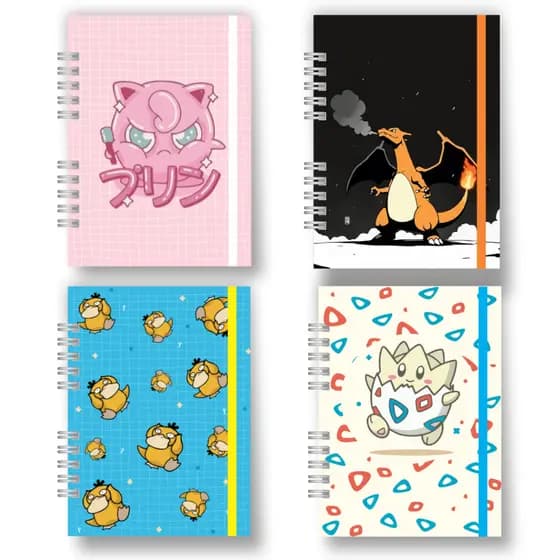 Caderno Sketchbook - Caderno Pokemons Pikachu Charizard Jigglypuff Pokebola Psyduck Snorlax Togepi Personalizado A5